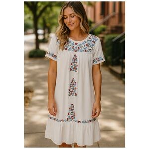 ORANGE CREEK LA White Floral Embroidered Short Sleeve Midi Dress Size Large